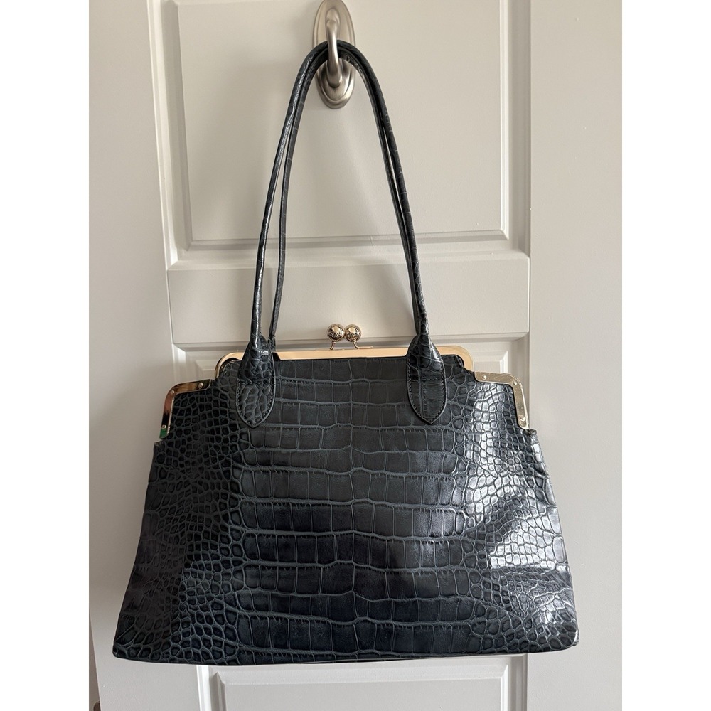 Galian New York Blue Crocodile-Embossed Faux Leather Satchel Bag Kiss Lock